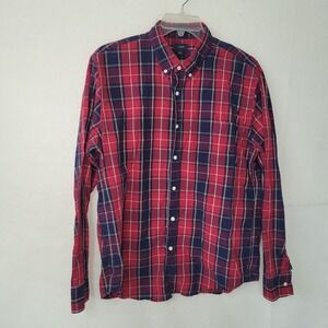 J Crew Shirt Men XL Red Navy Plaid Button Down Long Sleeve Cotton Preppy Holiday